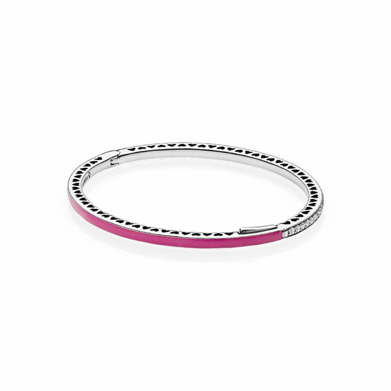 Pandora Radiant Hearts Bangle Bracelet Ireland - Sterling Silver/Enamel/Pink/Cubic Zirconia - 309812